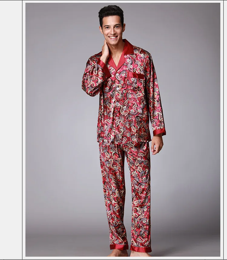Summer autumn Mens Silk Satin Pajamas Set Pajama Pyjamas