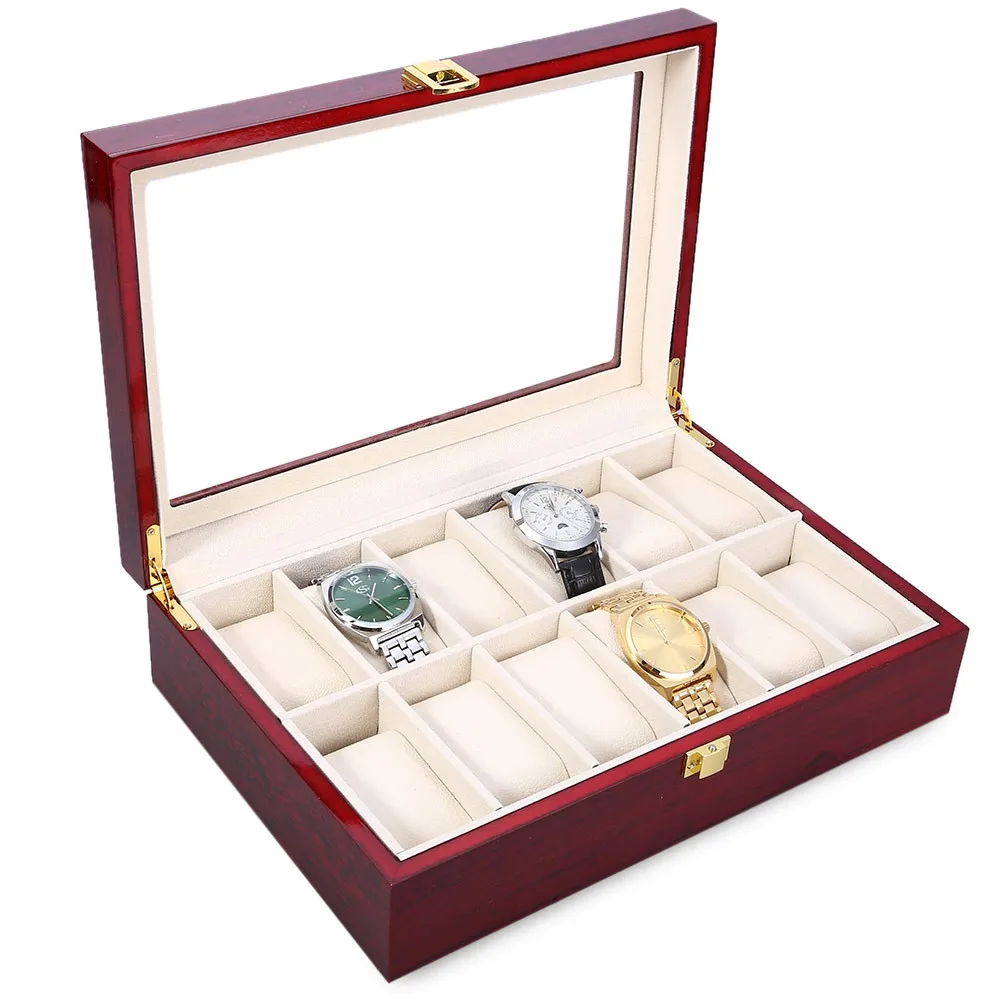High Quality 12 Slots Elegant Wood Watch Display Case Watches Box Glass Top Jewelry Storage Organizer caixa para relogio 0