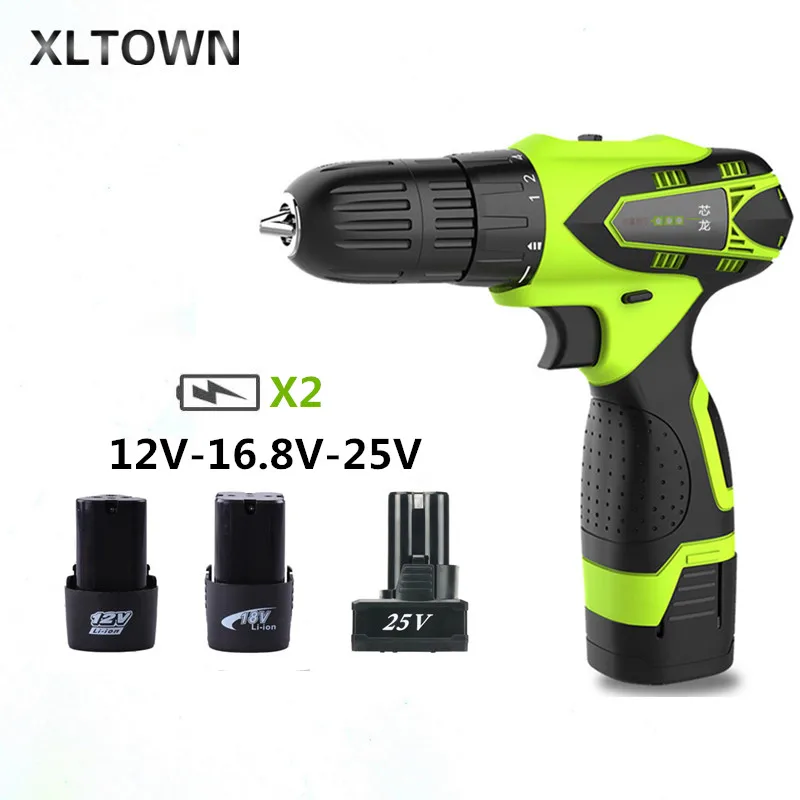 

XLTOWN12/16.8/25Vcordless lithium electric drill With 2 battery multi-purpose rechargeable lithium battery electric screwdriver