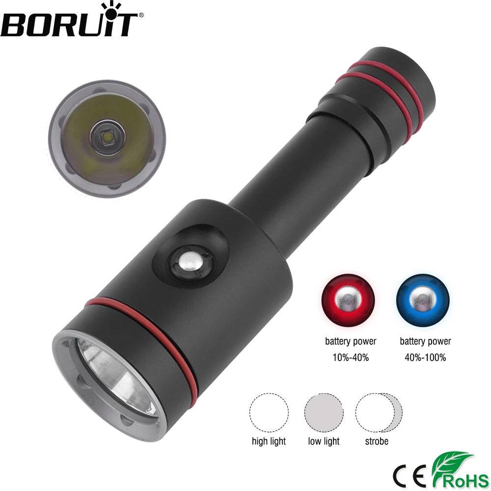 

BORUiT A23 XM-L2 LED Scuba Diving Flashlight Underwater 100m Torch 3-Mode IP68 6000K Diver Portable Lantern by 18650 Battery