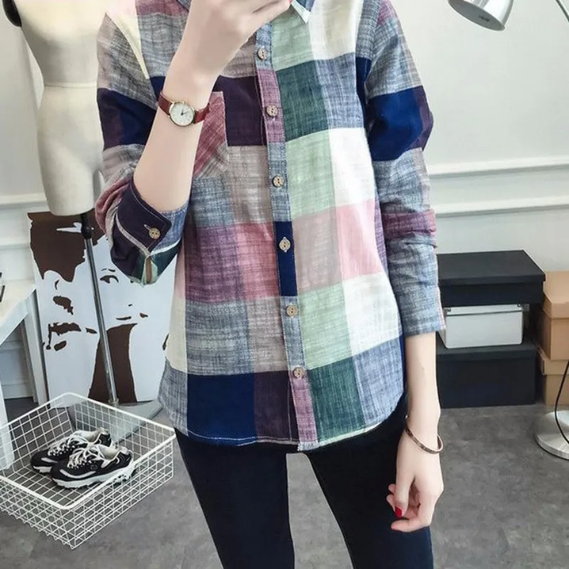 

Autumn Ladies Long Sleeve Blouse Casual Patchwork Shirts