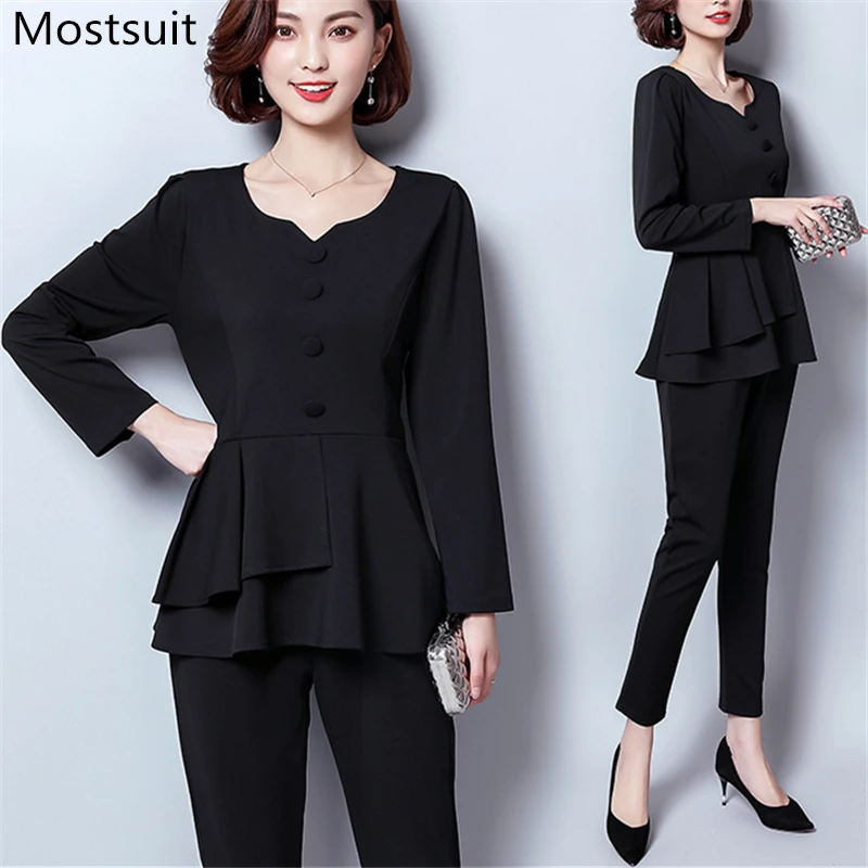 

Mostsuit L-5xl Plus Size Black Long Sleeve Two Piece Set Women Summer Spring Office Lady Lotus Leaf Hem Tops + Calf-length Pants