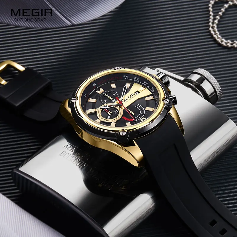 Мужские кварцевые часы MEGIR с силиконовым ремешком, спортивные наручные часы с хронографом для мужчин, часы Relogios Masculino, 2086, золотые, черные