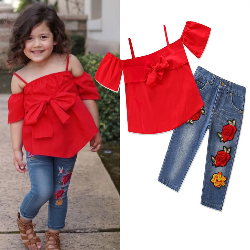 Perimedes 2019 NEW FASHION Costume For Girl Toddle Kids Baby Off-shoulder Tops+Flower Jeans Denim Pants Outfits Set | Детская одежда и