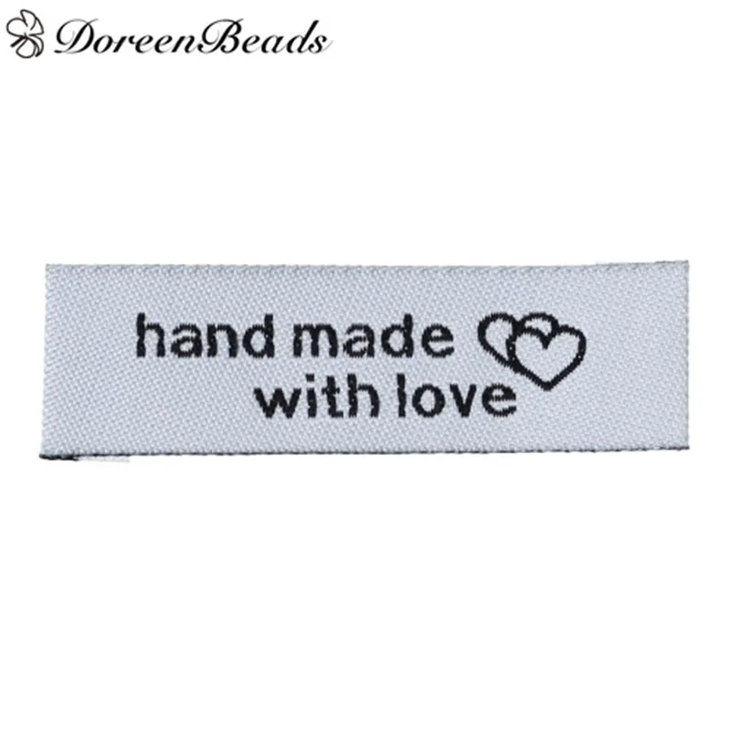 

DoreenBeads Terylene Woven Printed Labels DIY Scrapbooking Craft Rectangle White Heart Pattern " hand made with love " 50PCs