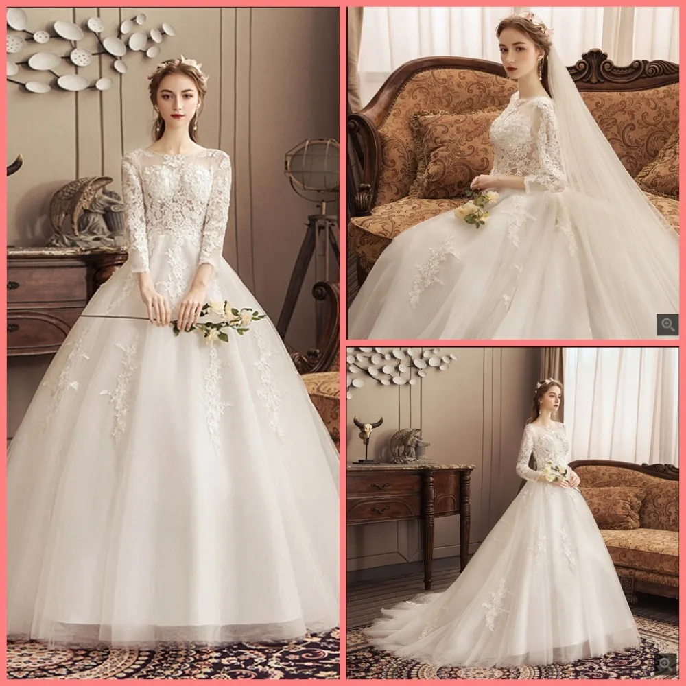 

2019 Robe de soiree White lace appliques ball gown wedding dress 3/4 sleeve modest princess puffy corset plus size wedding gowns