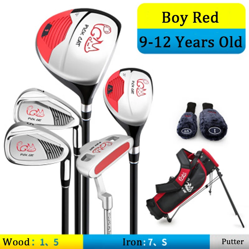 PGM Pickcat 3-12 летний детский набор для гольф-клуба для девочек и мальчиков, 5 гольф-клубов с сумкой для стойки, 2 бесплатные головные уборы