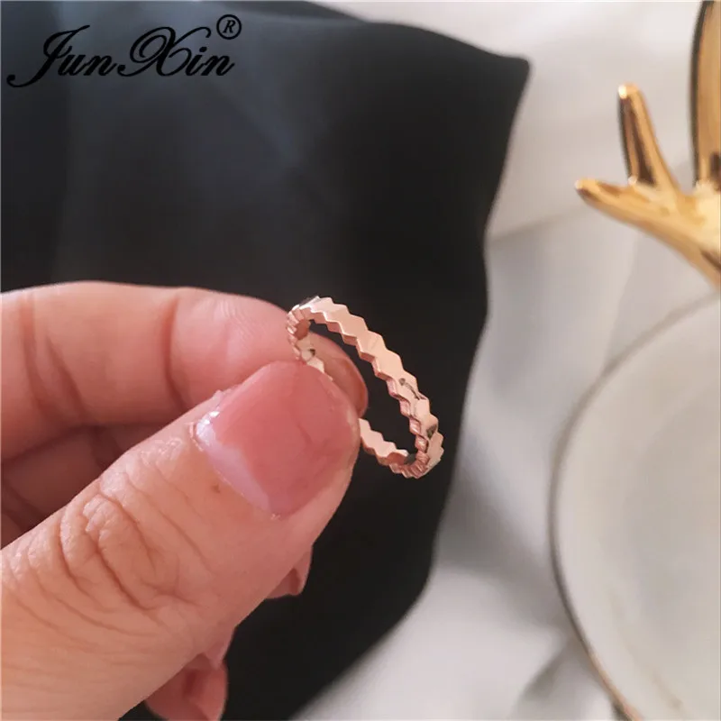 JUNXIN Female Stainless Steel Ring Rose Gold Color Fashion Stacking Joint Rings For Women Wedding Thin Ring Minimalist Jewelry