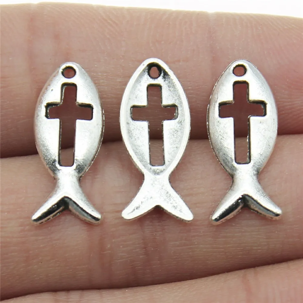 30pcs Charm Jesus Fish 2 Colors Jesus Cross Fish Charms Pendant For