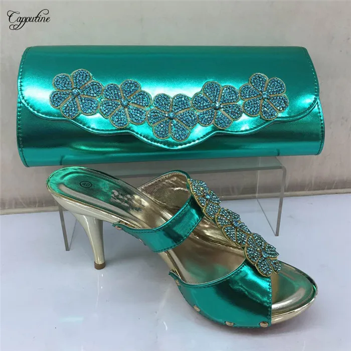 teal green shoes and bag