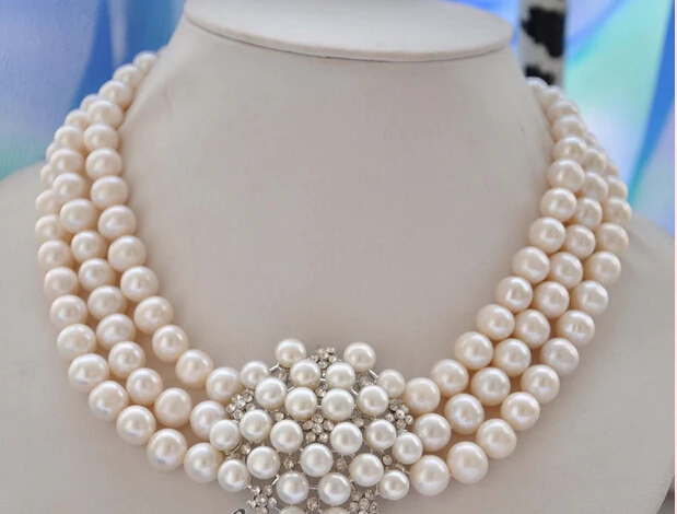 

FREE SHIPPING>>>@@ > N2819 beautiful 3strands 10mm round white Freshwater cultured pearl flower necklace