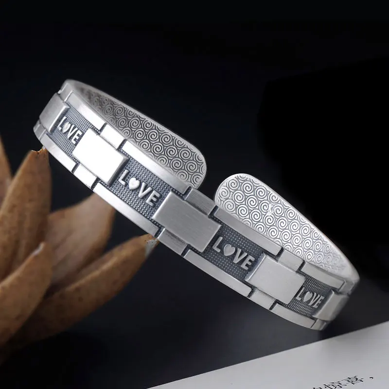 

S999 Sterling Silver Cuff Bangle Bracelet Dollar Letter Bracelet Female Retro Open Silver Bracelet for Girlfriend