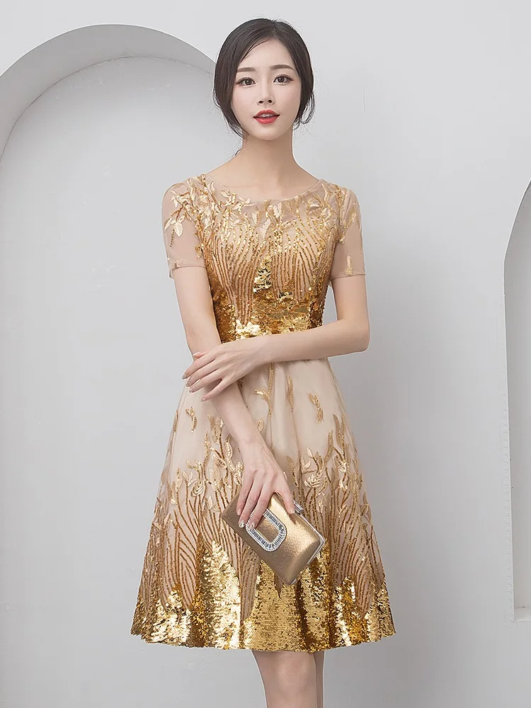 

Gold Party Evening Short Cheongsam Retro Sexy Slim Dress Marriage Gown Chinese Style Wedding Qipao Fashion Lady Clothes Vestido