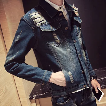 

2018 denim jacket men's jacket Korean tide men's self-cultivation holes on the clothes