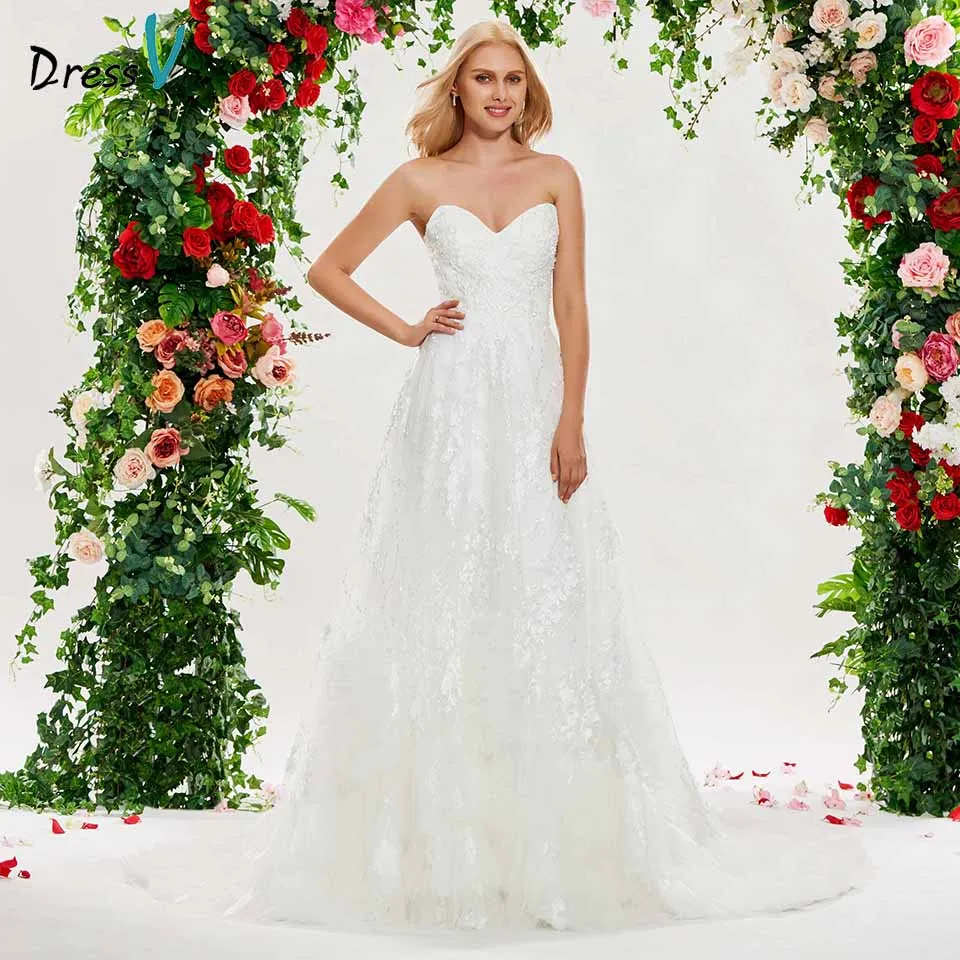 

Dressv elegant a line sweetheart neck wedding dress sleeveless beaded lace-up floor length bridal outdoor&church wedding dresses