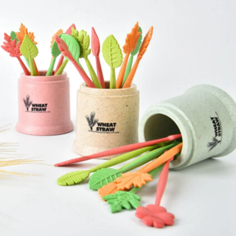 

1 set Leaf Shape Fruits Fork Wheat Straw Home Table Decor Toothpick Dessert Leaves Shape Fruit Cake Forks Barrel Holder