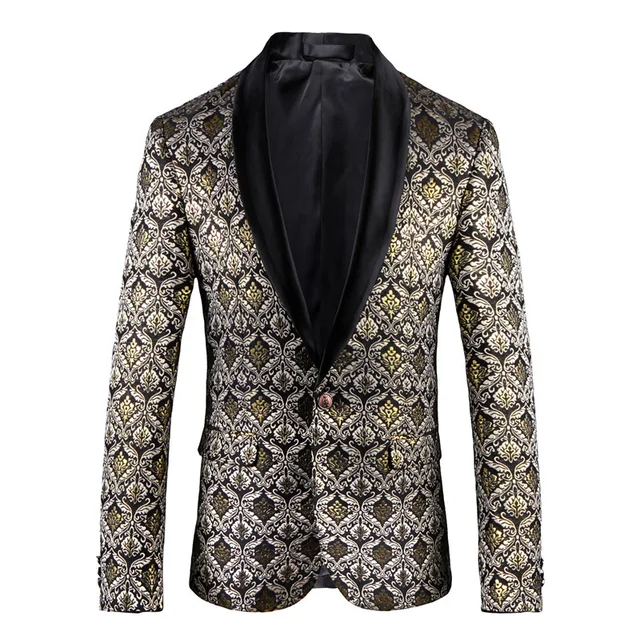 Paisley Pattern Gold Blazer With Contrast Black Collar Dinner Blazer ...