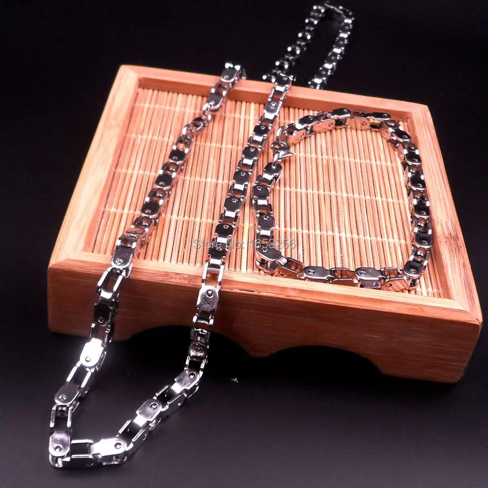 

One Set of Silver Stainless steel Motorcycle chain Necklace + Bracelet For Women Men 5mm wide