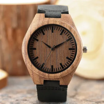 

New Arrival Hand-made Walnut Wooden Design Men Quartz Wristwatch Black Genuine Leather Band Simple Clock Round Dial Male Watch