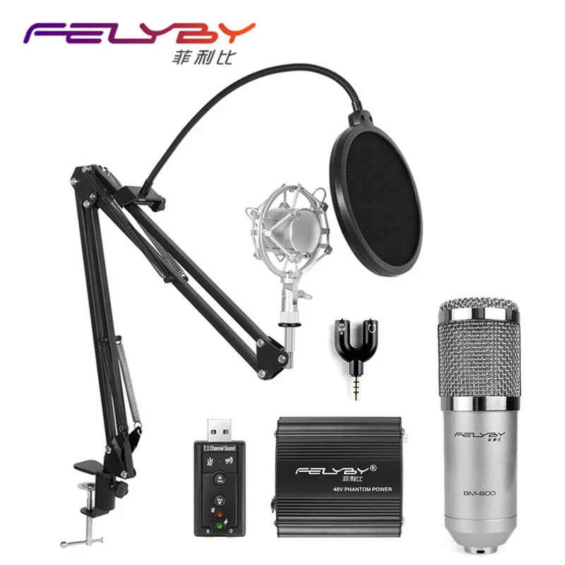 FELYBY professional bm 800 condenser microphone for computer audio karaoke mikrofon studio recording 3 5mm microphones