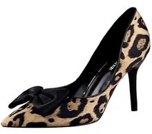 Size 4~8 Leopard Autumn Women Shoes Bowtie Red High Heels Shoes Sexy Women Pumps zapatos mujer (Check Foot Length)