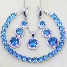925 Sterling Silver Jewelry Round Blue Crystal White Rhinestone Jewelry Sets For Women Earring Pendant Necklace