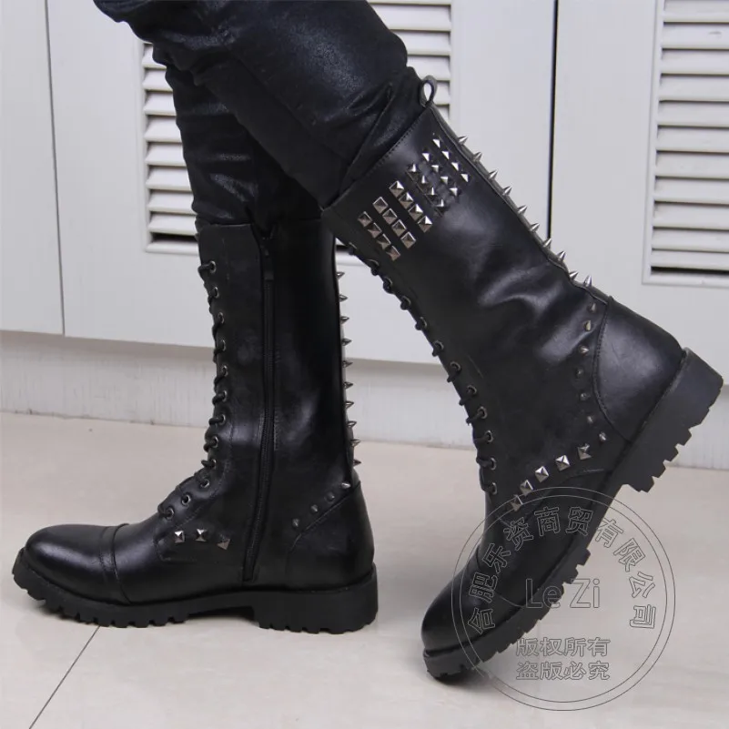 

Zip Breathable Wear Motorcycle Mens Winter Chukka Boots Non-mainstream Botas Medium Leg Spike Emo Cowhide Height Increase Shoes