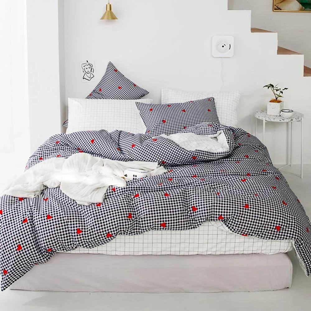 

2019 Scandinavia Hearts Dots Duvet Cover Set Twin Queen King Flat Sheet or Fitted Sheet Soft Cotton Bedlinens Pillowcases