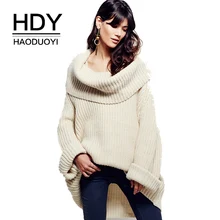 HDY Haoduoyi Women Sweaters Long Sleeve Loose Elegant Streetwear High Cowl Pullover Asymmetrical Knitted Casual Female Sweaters