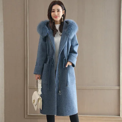 Осень и зима новая Корейская версия длинные и тонкие шерстяные куртки с утолщенной шерстью пальто и женская шея - Цвет: Blue
