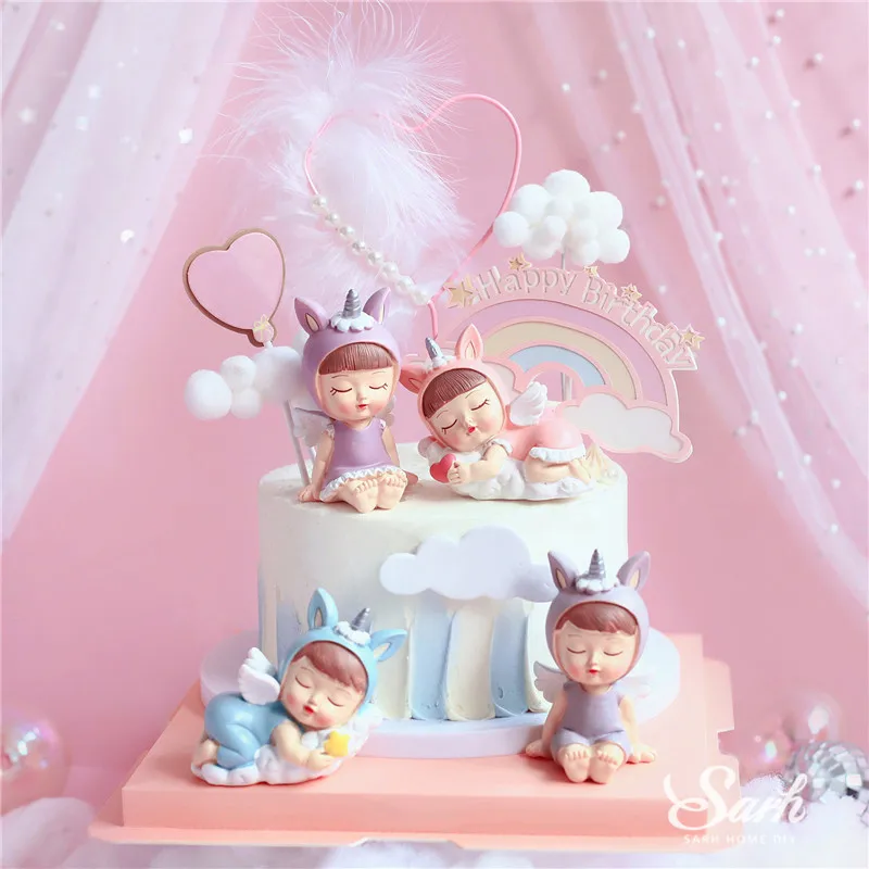 Sitting Blue Pink Boy Girl Decoration Unicorn Happy Birthday Children Cake Toppers for Wedding Party Supplies Baking Sweet Gifts