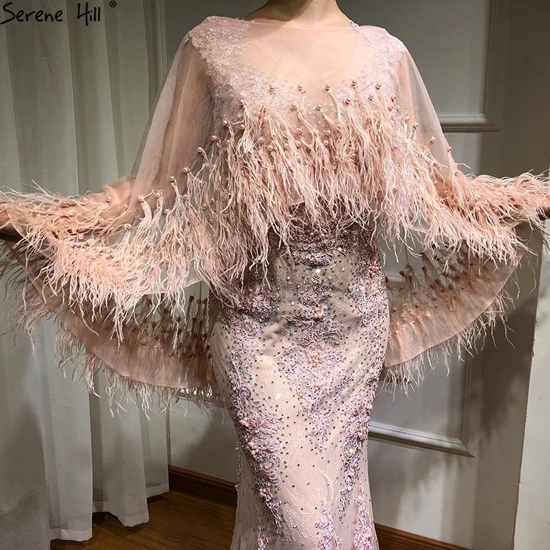 Розовые вечерние платья без рукавов с перьями и шалью из пряжи, модные сексуальные вечерние платья с жемчужинами и кристаллами в стиле русалки, LA6608