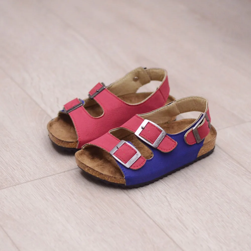 Ortoluckland/Детская летняя обувь для мальчиков; кожаная полиуретановая пробка; детские сандалии; пляжная повседневная обувь для детей; удобные школьные сандалии для девочек - Цвет: red blue