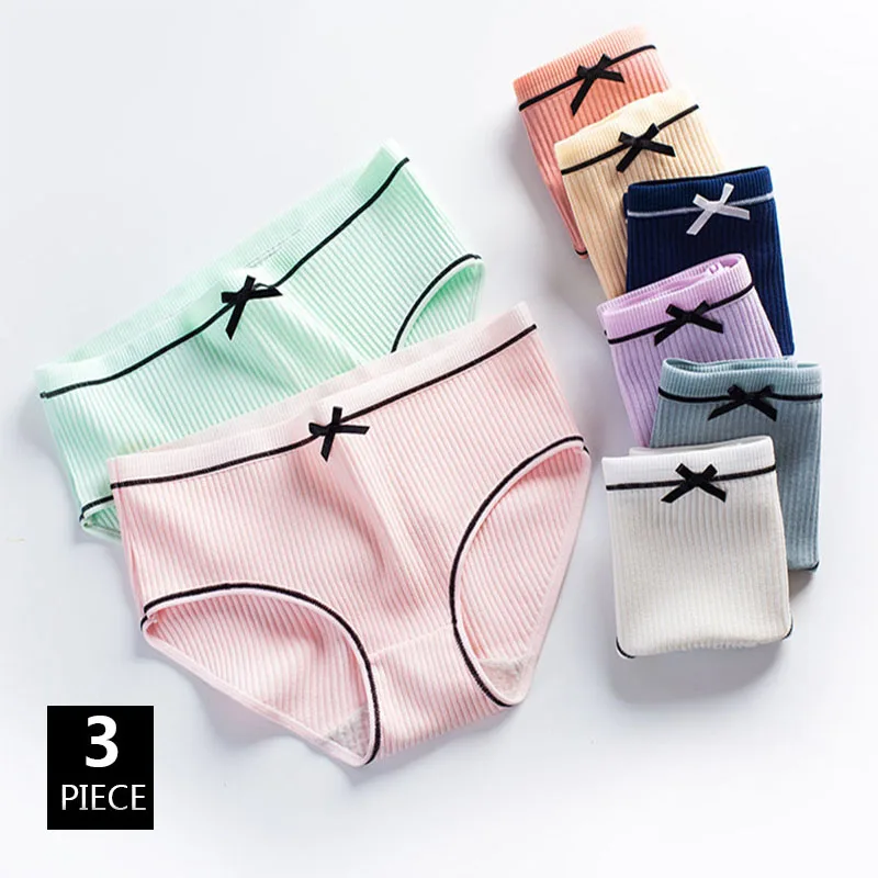 

3PCS/Lot Cotton Stripe Women Panties Low Waist Cute Lovely Sweety Style Solid Soft Lady Underwear Seamless Bow Girl Breifs