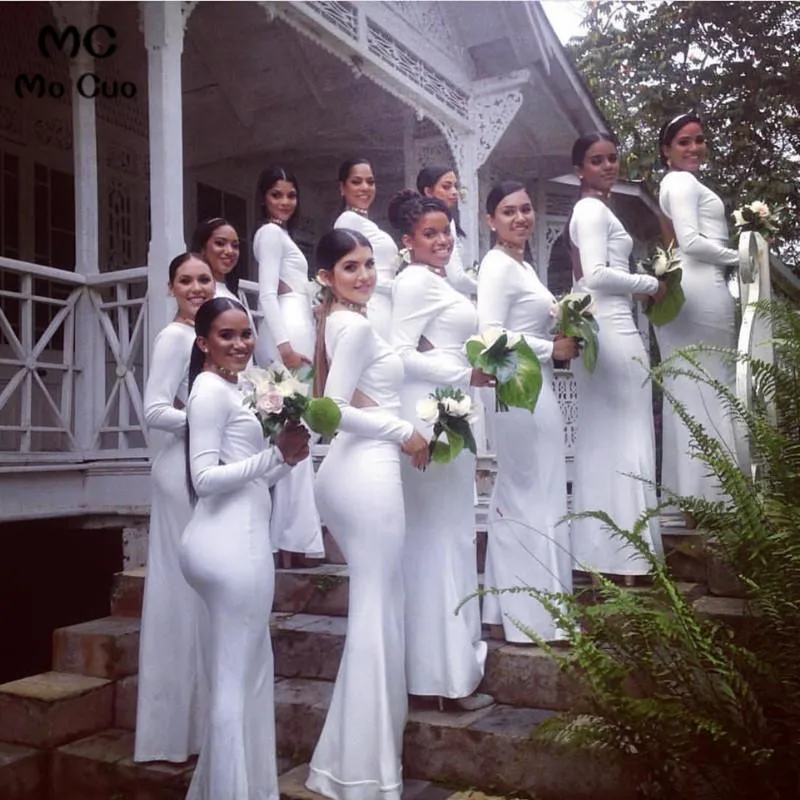 White Jersey Long Sleeves Mermaid Backless Bridesmaid Dresses3