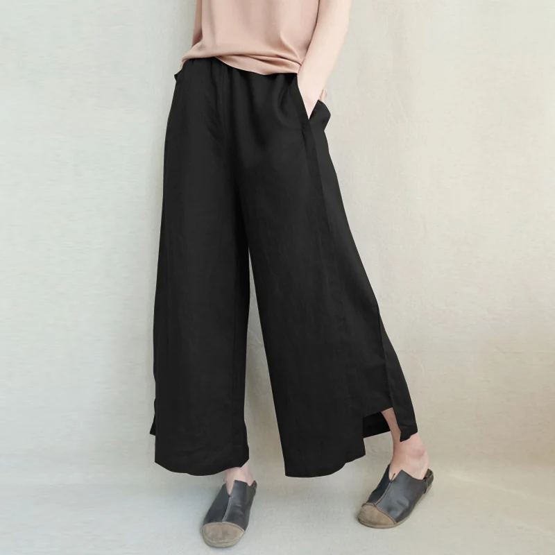 ZANZEA женские летние элегантные повседневные однотонные широкие брюки с эластичной резинкой на талии свободные расклешенные Панталоны хлопковые льняные брюки больших размеров - Цвет: Черный