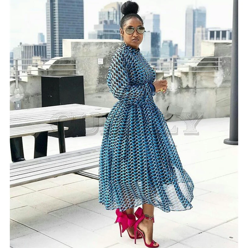 Image HIGH QUALITY New 2019 Designer Runway Dress Women s 3 4 Sleeve Geometric Printed Waist Hollow Out Holiday Casual Long Dress