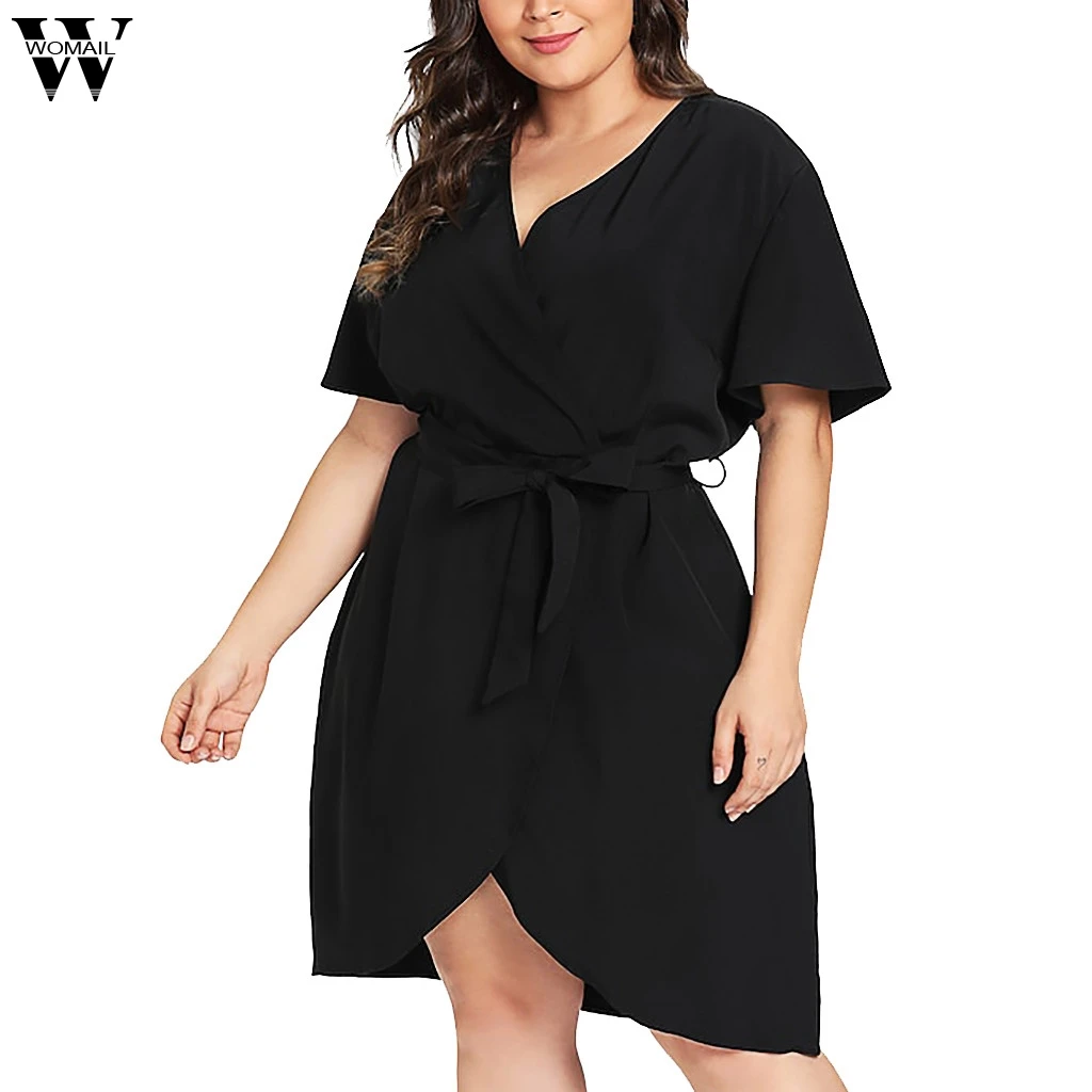 

Womail Dress Fashion NEW Fashion Women Casual V-Neck Belt Bandage Solid Curved Hem Surplice Wrap Dresses dropship Apr29