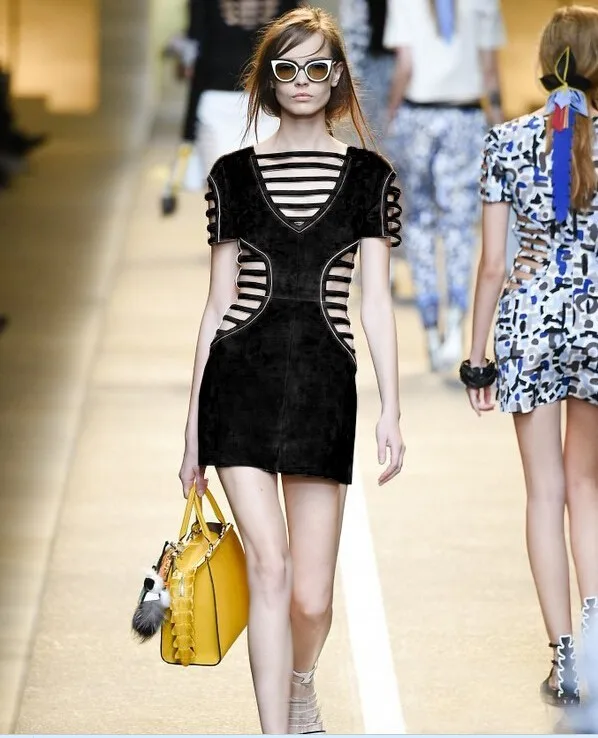 

Short Sexy club dress 2019 summer style fashion runway black sexy hollow out Suede cloth with soft nap casual dress