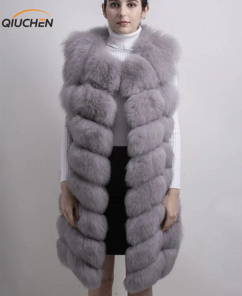 

QIUCHEN PJ8032 2019 NEW high quality length real fox fur vest coat jacket 90cm long vest FREE SHIPPING