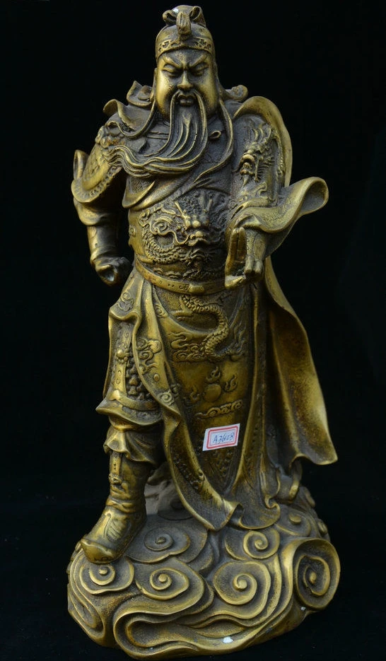 Старые китайские из чистой бронзы драконий халат Guan Gong Yu Yunchang Статуя Воина|Статуи