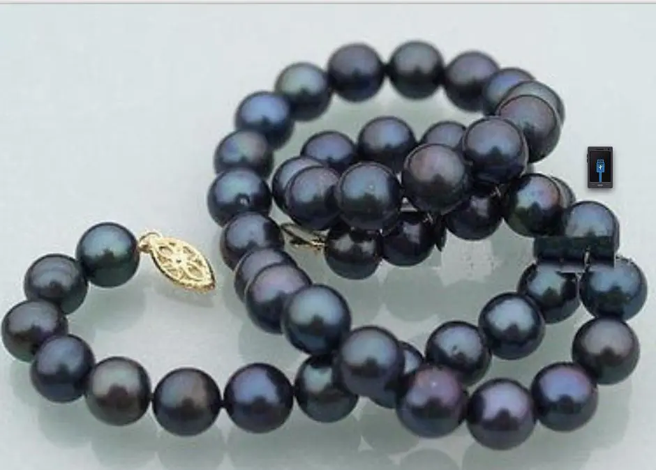 

Charming 9-10mm natural tahitian black pearl necklace 18inch 14k clasp