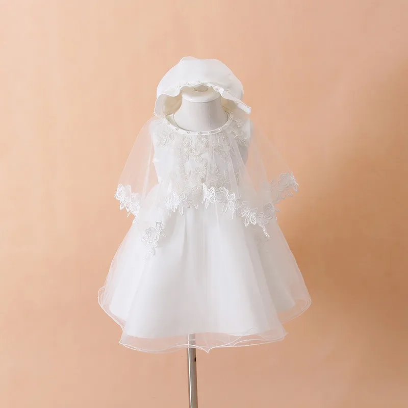 Baby Christening Gown White Tulle Infant Princess Baptism Dress Toddler Baby Girls Party Wedding Dresses Size 0-18M