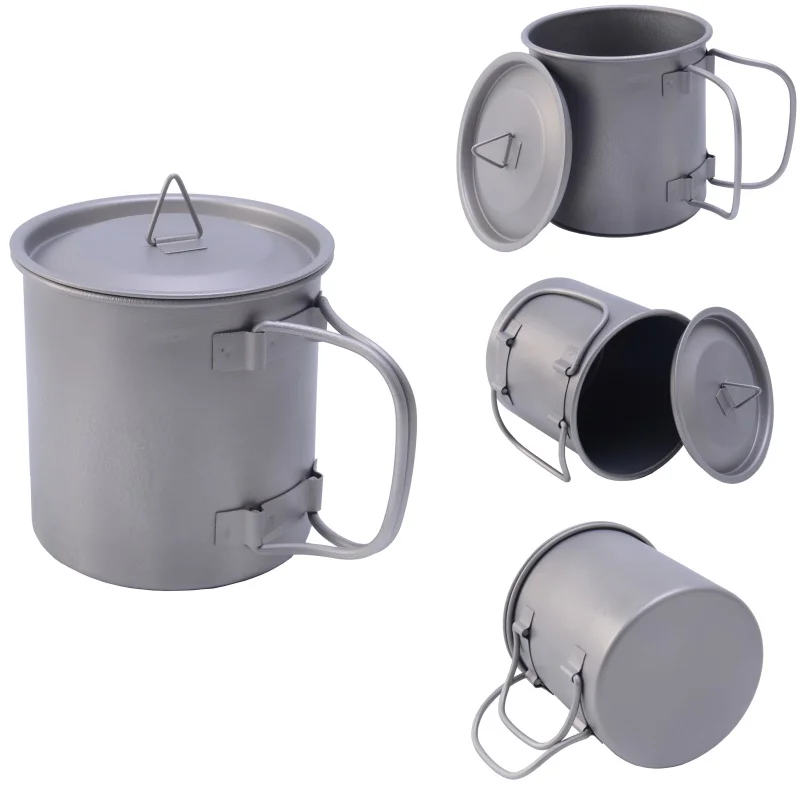 0.75L exterior de titanio de olla de agua taza de taza con tapa y mango plegable Camping olla ollas de cocina Picnic colgar olla W8