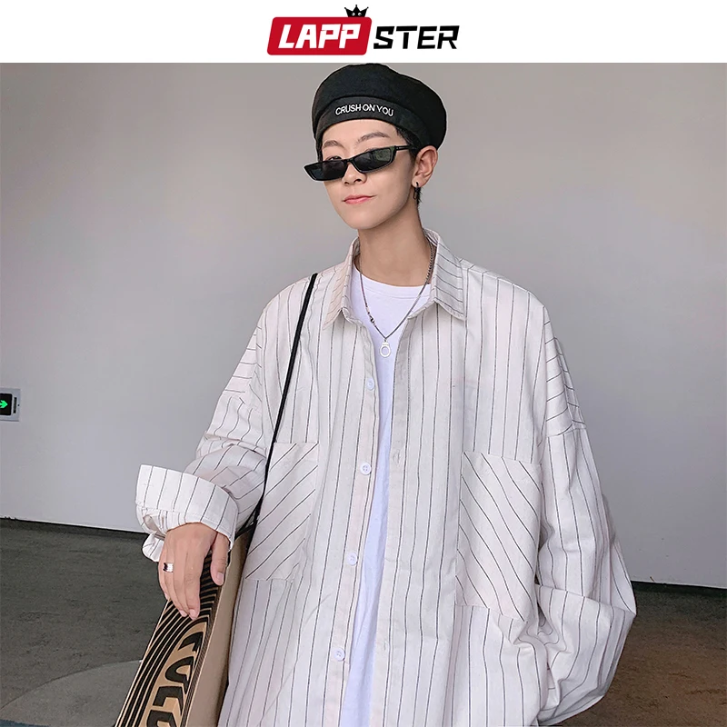 LAPPSTER Men Stiped Shirts Streetwear Casual Man Black Oversized Shirts White Harajuku Vintage Long Sleeve Shirt For Men