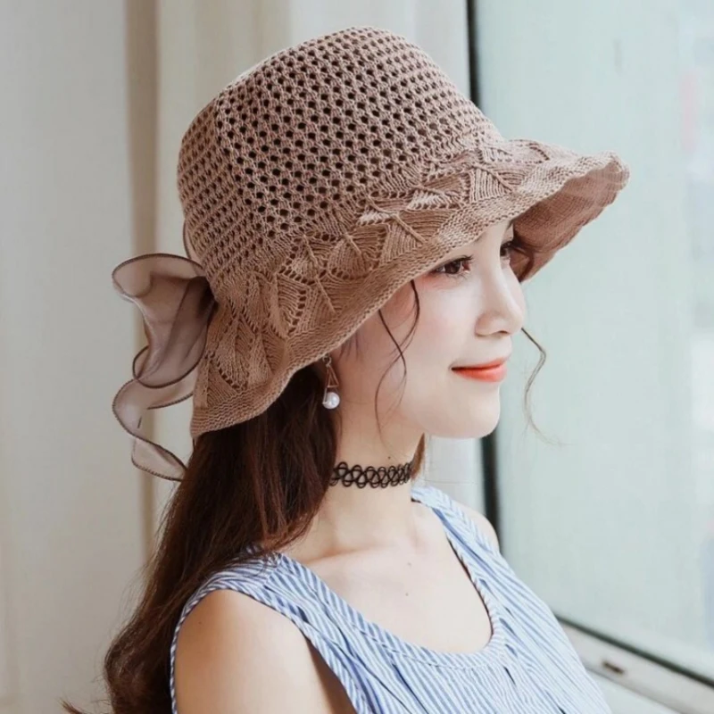 HT1768 New Women Hat Autumn Big Bow Crochet Panama Bucket Hat Ladies ...