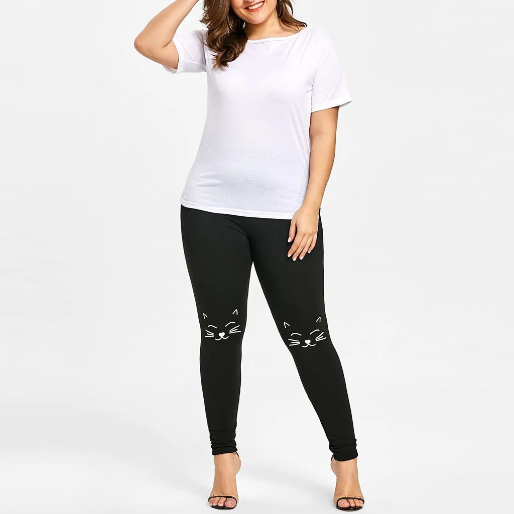 2019 Новые Модные Узкие пикантные для женщин; большие размеры карандаш стрейч брюки для девочек спортивные штаны с принтом кота
