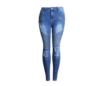 

2019 Womens Stretch Casual Skinny Hole Denim Pants Motorcycle Biker Middle Waist Pencil Jeans Female Motor Trousers S60