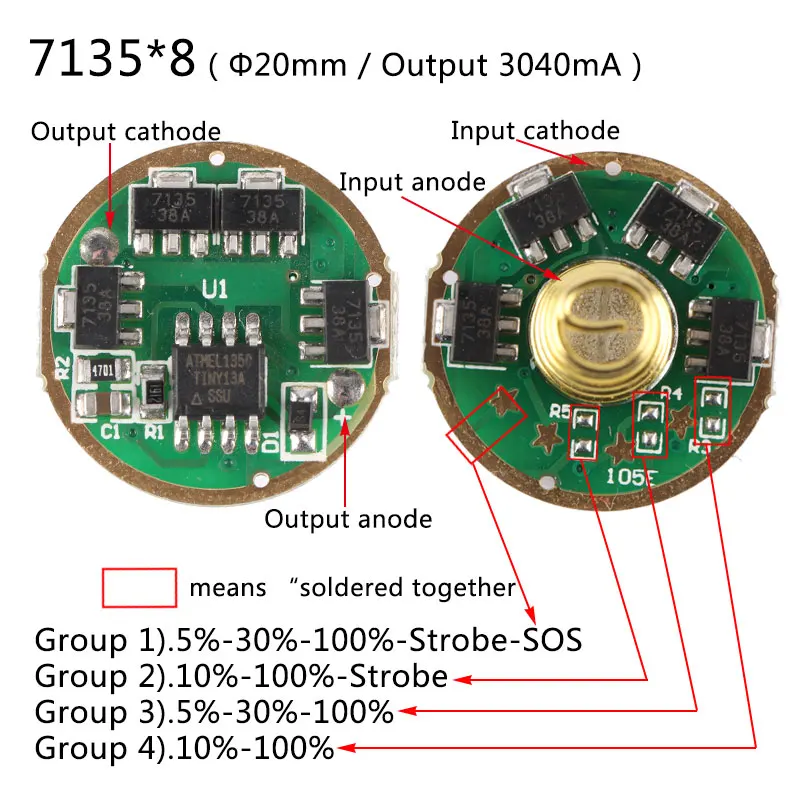 Diameter 20mm 4Groups AMC7135*8 Flashlight circuit board Anti reverse
