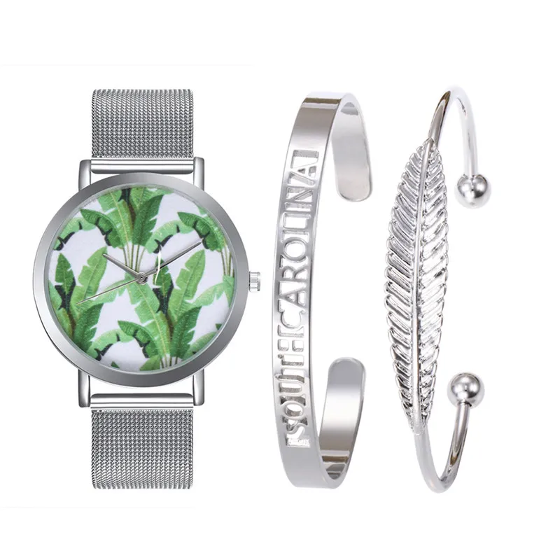 

LASPERAL Brand 2/3PCS Tropical Leaves Women Dress Clock Bangle Bracelet Watch Jewelry Set Men Couple Quartz Watches Dropshipping